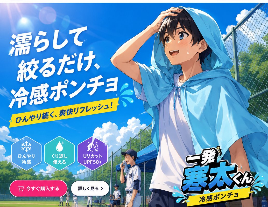 冷感ポンチョ「一発寒太くん」を羽織った男の子。少年野球チームの練習風景を背景にしたメインビジュアル