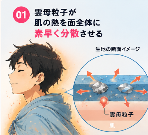 01：雲母粒子が肌の熱を面全体に素早く分散させる