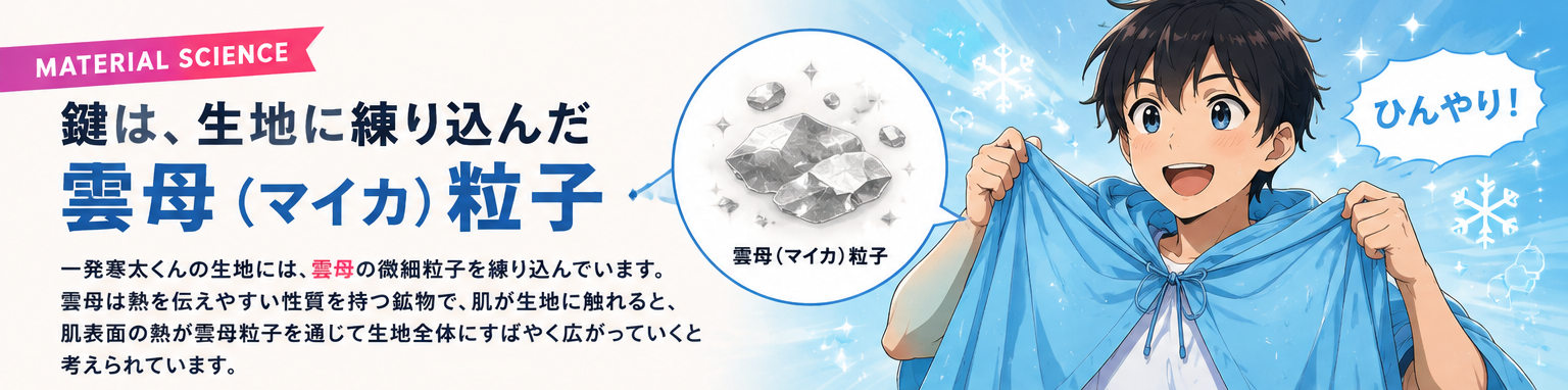 MATERIAL SCIENCE：鍵は、生地に練り込んだ雲母（マイカ）粒子。一発寒太くんの生地には雲母の微細粒子を練り込んでおり、肌表面の熱が雲母粒子を通じて生地全体にすばやく広がっていくと考えられています